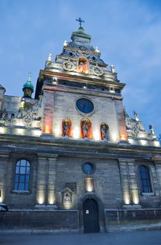 Ancient Roman Catholic cathedral in Lviv night view