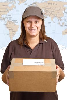 smiling delivery woman holding a big parcel isolated on white 