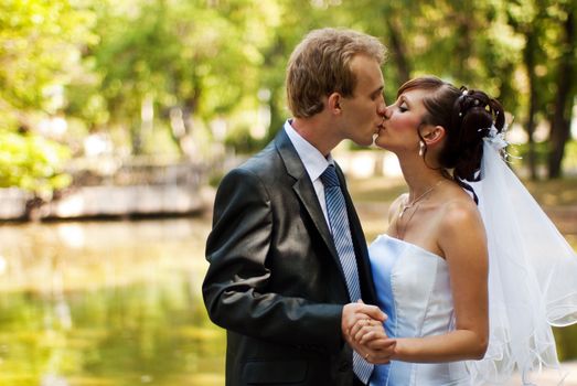 Newlyweds kissing in a park, holding hands