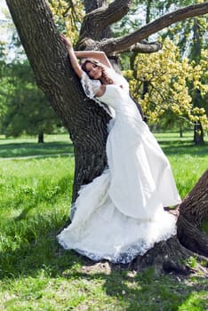 beautiful young bride leaned against a tree in the park