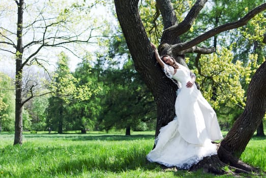 beautiful young bride leaned against a tree in the park