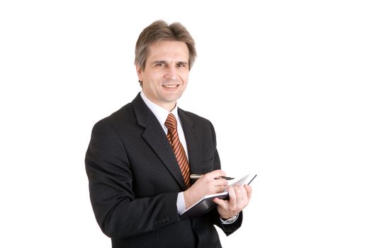 smiling man with pen and notebook