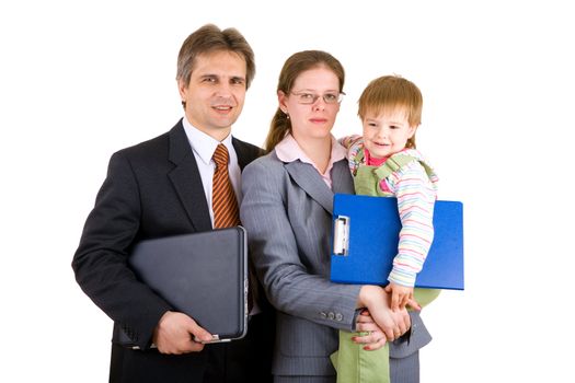 businessman, woman and a child with carpets and laptop