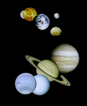 This is a montage of planetary images taken by spacecraft managed by the Jet Propulsion Laboratory in Pasadena, CA. Included are (from top to bottom) images of Mercury, Venus, Earth (and Moon), Mars, Jupiter, Saturn, Uranus and Neptune. The spacecraft responsible for these images are as follows: the Mercury image was taken by Mariner 10, the Venus image by Magellan, the Earth image by Galileo, the Mars image by Viking, and the Jupiter, Saturn, Uranus and Neptune images by Voyager. Pluto is not shown as no spacecraft has yet visited it. **Image Credit: NASA / yaymicro.com**