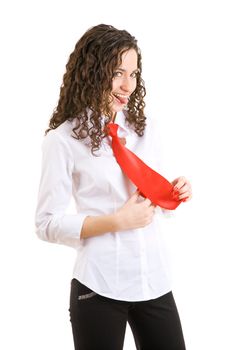 girl playes eith her tie and sticks her tongue out