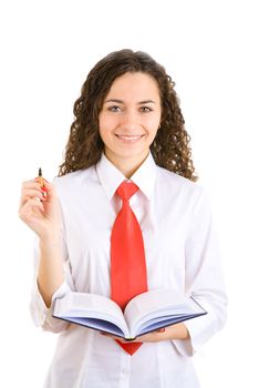 businesswoman with a pen and a diary in her hands