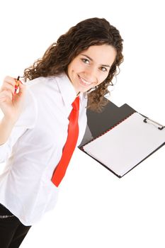 businesswoman with carpet and pan