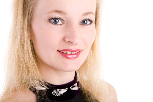 smiling blond girl in black dress