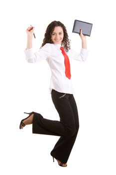 smiling businesswoman jumps with a pan and a book