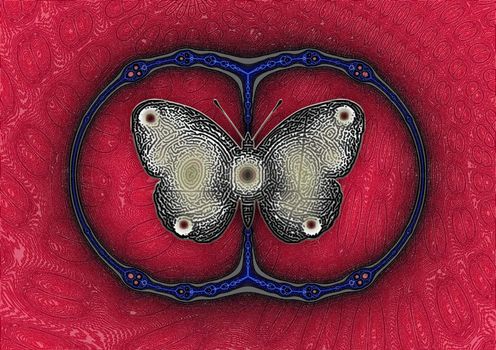 large abstract creative color rich textured image of a butterfly on a red background and pulses around it.