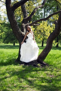 beautiful young bride leaned against a tree in the park