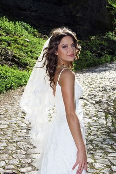 attractive bride with a veil poses on the road