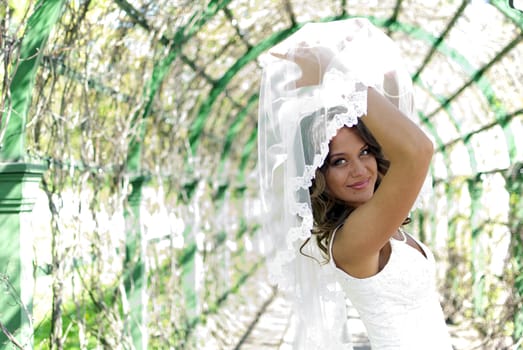 Young cute bride posing with a veil
