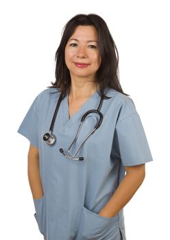 Attractive Hispanic Doctor or Nurse Isolated on a White Background.