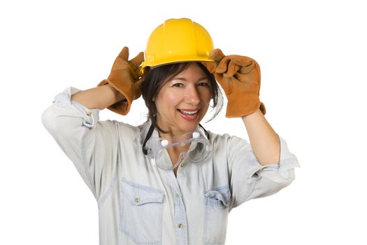 Attractive Smiling Hispanic Woman Wearing Hard Hat, Goggles and Leather Work Gloves Isolated on a White Background.