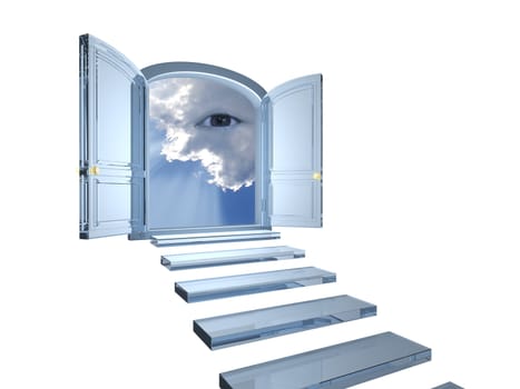 Big crystal door opened on a mystic eye in clouds with a white background
