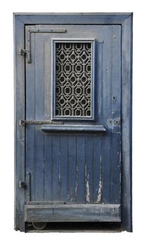 Dusted wood door painted in blue with wrought iron on a window and with a white background