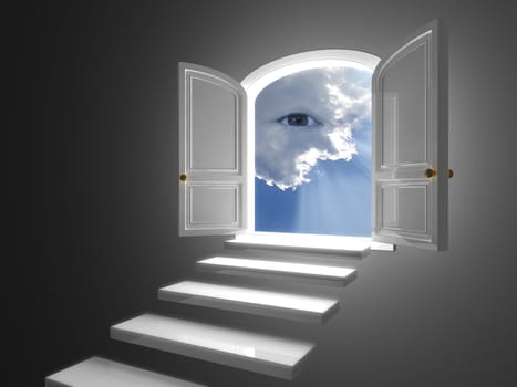 Big white door on a dark wall opened on a mystic eye in clouds