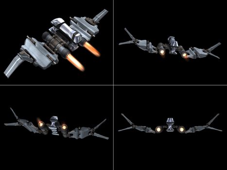 Four back views of a StarFighter in action with a black background