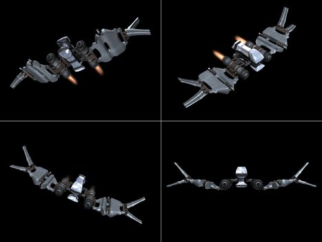 Four front views of a StarFighter in action with a black background