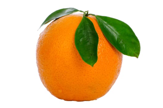 Ripe orange with leaves isolated on white background.