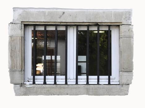White little window with black bars and clear stone on a white background