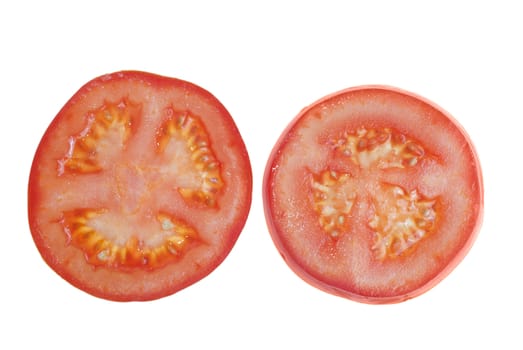 Tomato slices isolated on white background.
