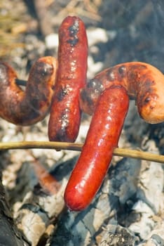 Cooking of sausages on the hot embers