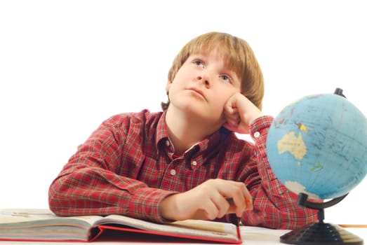 
a young boy with the globe on a white background