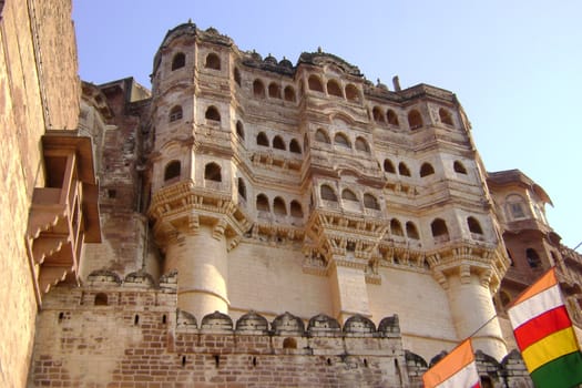 The architecture of an ancient for in Rajasthan, India.                               