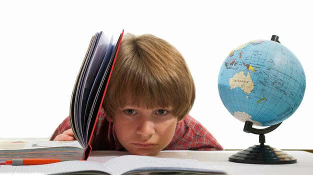 a young boy with the globe on a white background