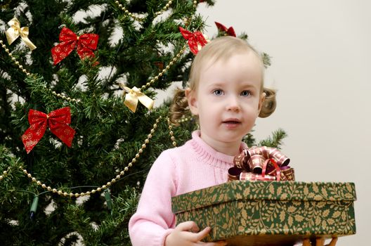 little girl near the christmas tree holding a present