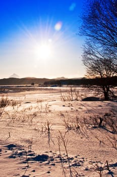 snow winter landscape on Kamchatka in Russia