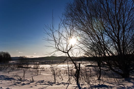 snow winter landscape on Kamchatka in Russia