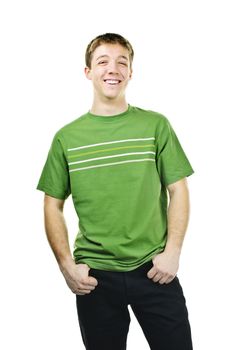 Happy young man standing isolated on white background