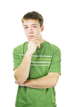 Thoughtful young man standing isolated on white background