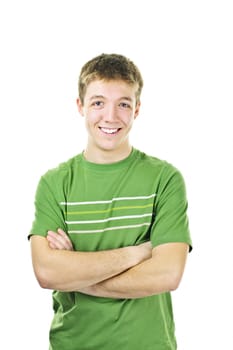 Happy young man standing with arms crossed isolated on white background