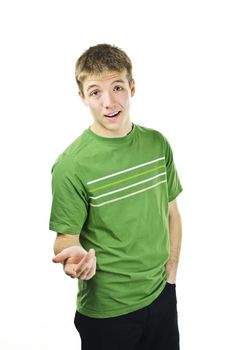 Young man talking and gesturing isolated on white background