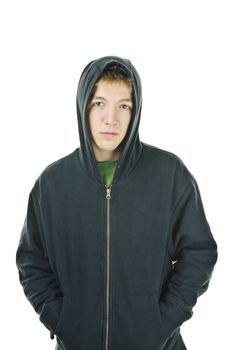 Serious young man standing wearing hoodie isolated on white background