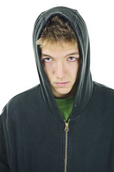 Young man with attitude wearing hoodie isolated on white background