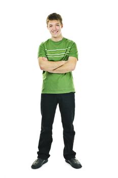 Happy young man full body standing with arms crossed isolated on white background