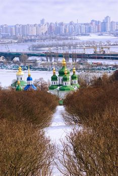 Kiev Botanic Garden. View to the Vydubichi monastery and left bank of Dnipro river