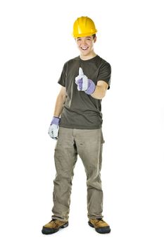 Smiling construction worker showing thumbs up isolated on white background