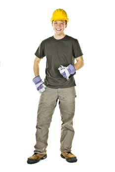 Smiling construction worker holding wrench isolated on white background