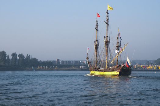 MAASSLUIS-OCTOBER 02: The replica of the Russian frigate Shtandart leaving harbor of Maassluis on a journey to Dordrecht after visiting Furiade , October 02, 2011, Maassluis, the Netherlands