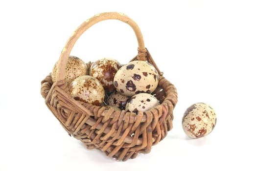 Quail eggs in a basket on white background