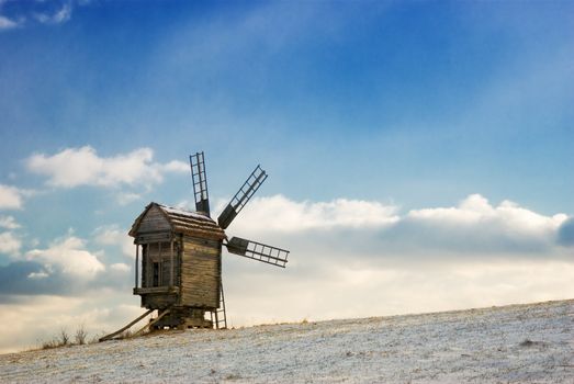 Old wooden windmills at Pirogovo ethnographic museum, near Kiev, Ukraine 