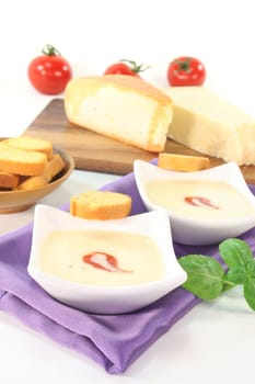 Cheese cream soup with tomato, bruschetta and basil on a white background