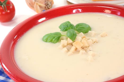 Cheese cream soup with tomato, Croutons and basil on a white background