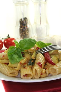 Tortiglione with fiery chili, garlic, zucchini and herbs